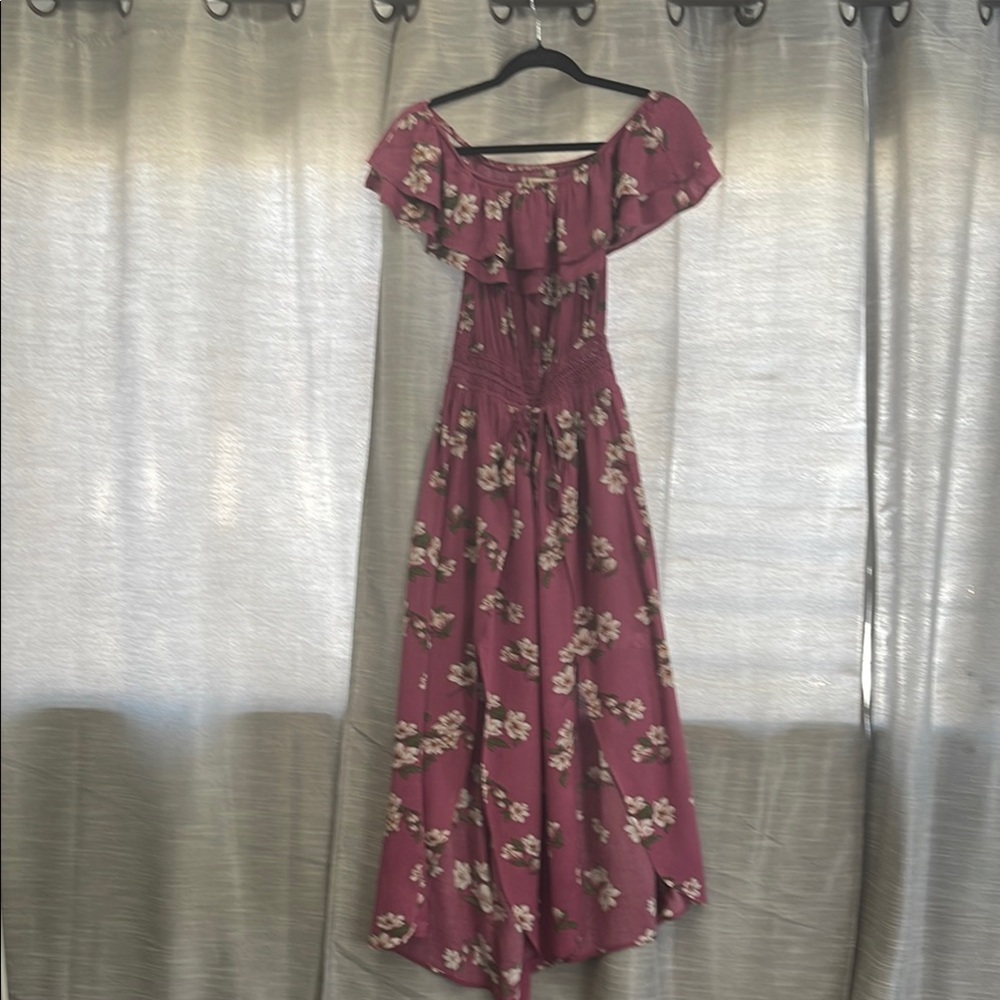 Floral Off-Shoulder Jumpsuit with short under Mauve color